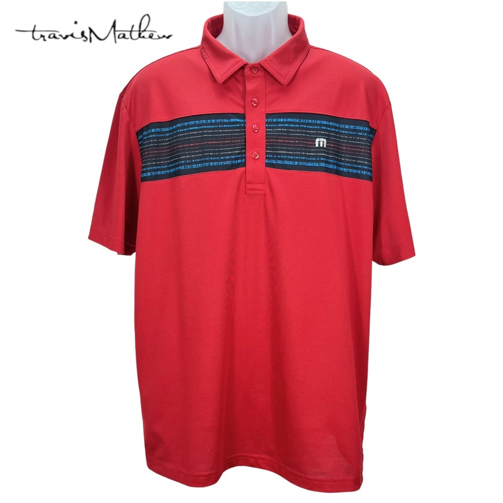 Travis Mathew Men’s XL Red Performance Golf Polo Shirt‎ Striped Logo